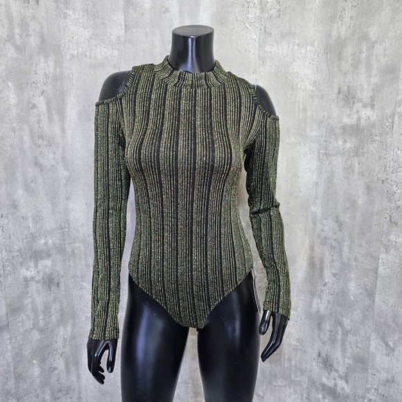 Dream Bandits S Tell Me Gold Metallic Stripe‎ Cold Shoulder Bodysuit Mock Neck - Picture 2 of 12